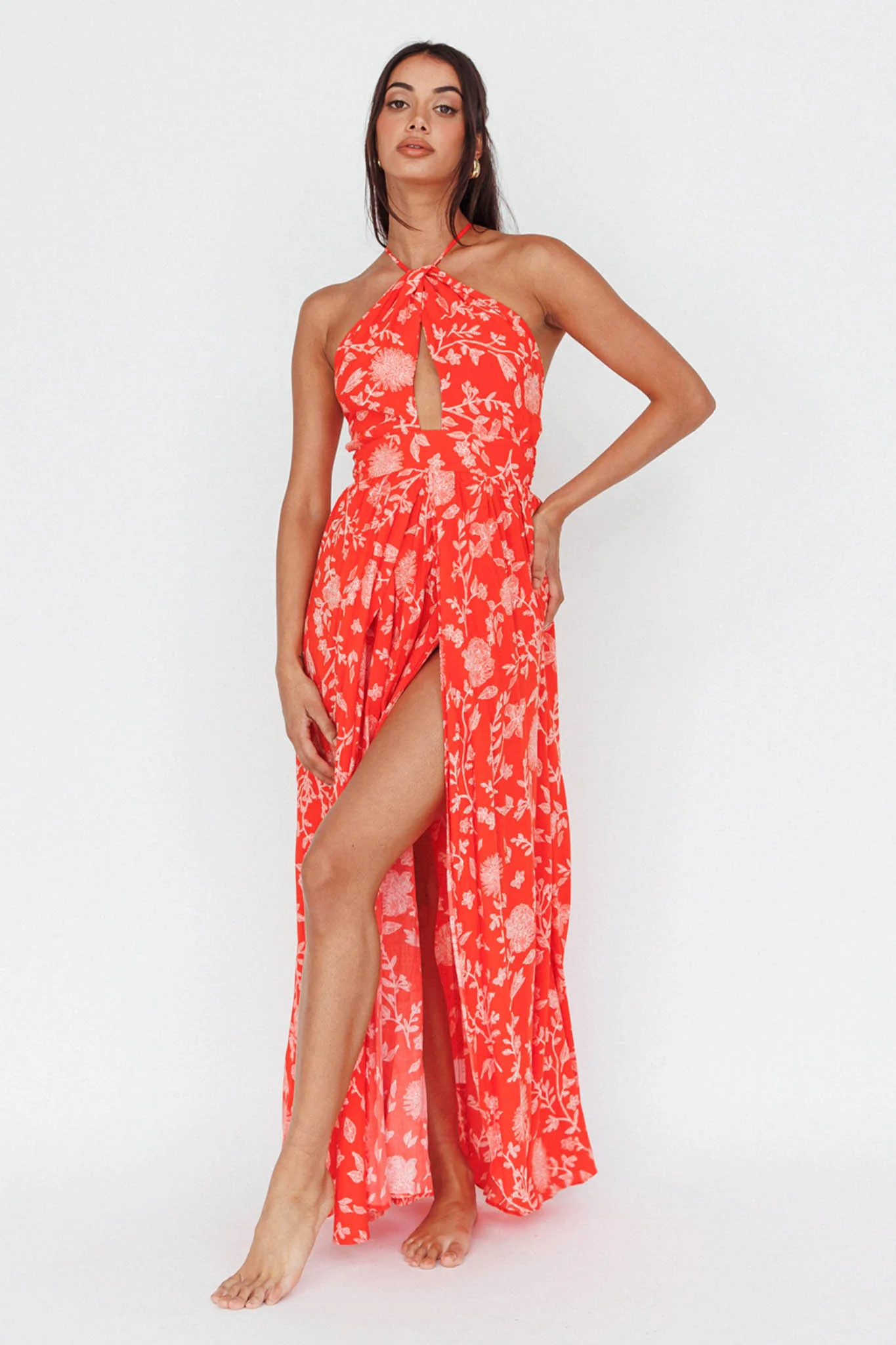 Athena High Split Maxi Dress Floral Print Red - Sonourner