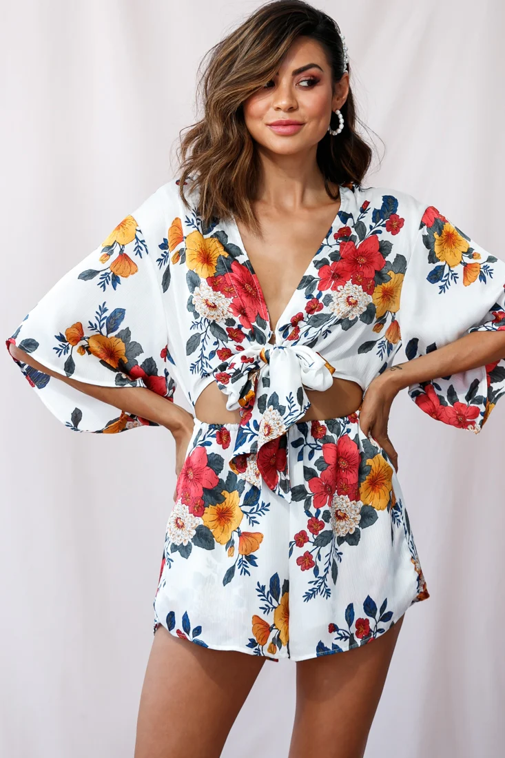 Rivera Tie-Knot Bell Sleeve Romper White - Sonourner