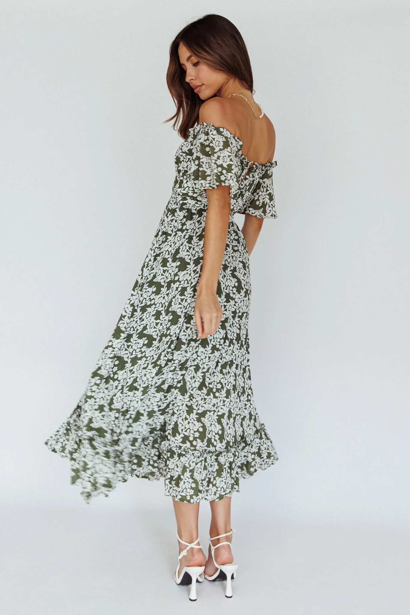 Voyager Off-Shoulder Bell Sleeve Midi Dress Floral Green - Sonourner