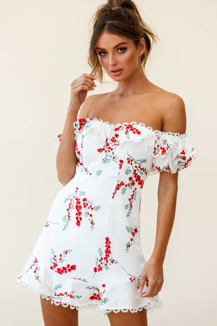 Bobby Bardot Neckline Puff Sleeve Dress Flower Spring Print White - Sonourner