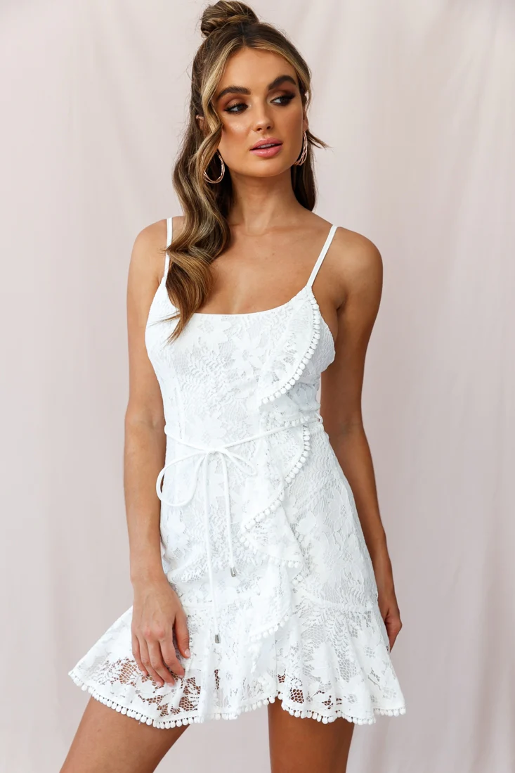 Hart Cami Strap Ruffle Mini Dress Lace White - Sonourner