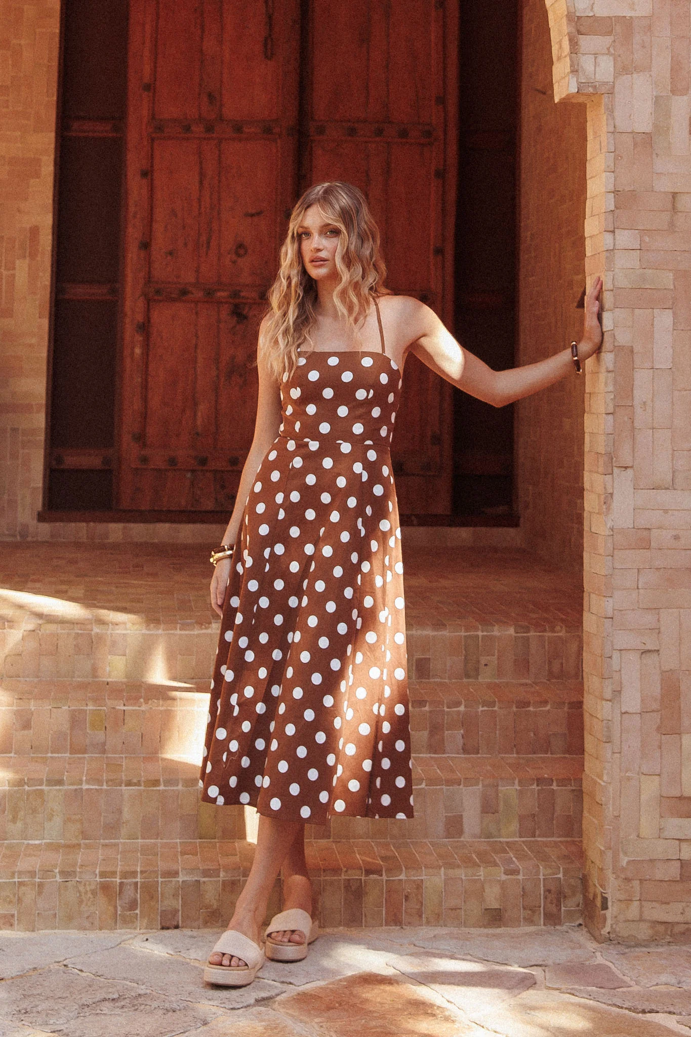 Second Glance Olga Criss-Cross Back Midi Dress Polka Dot Brown - Sonourner