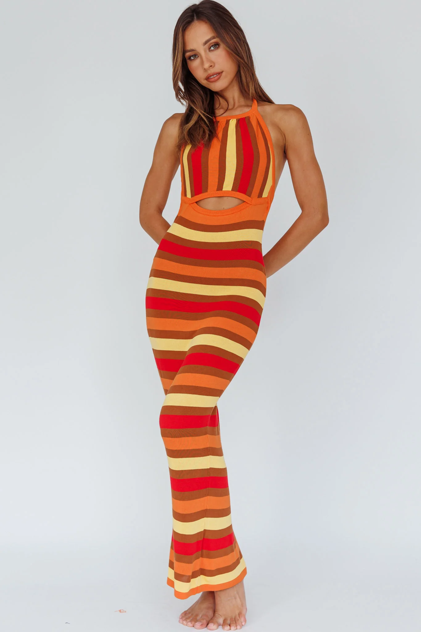 French Riviera Halterneck Knit Maxi Dress Brown/Orange - Sonourner