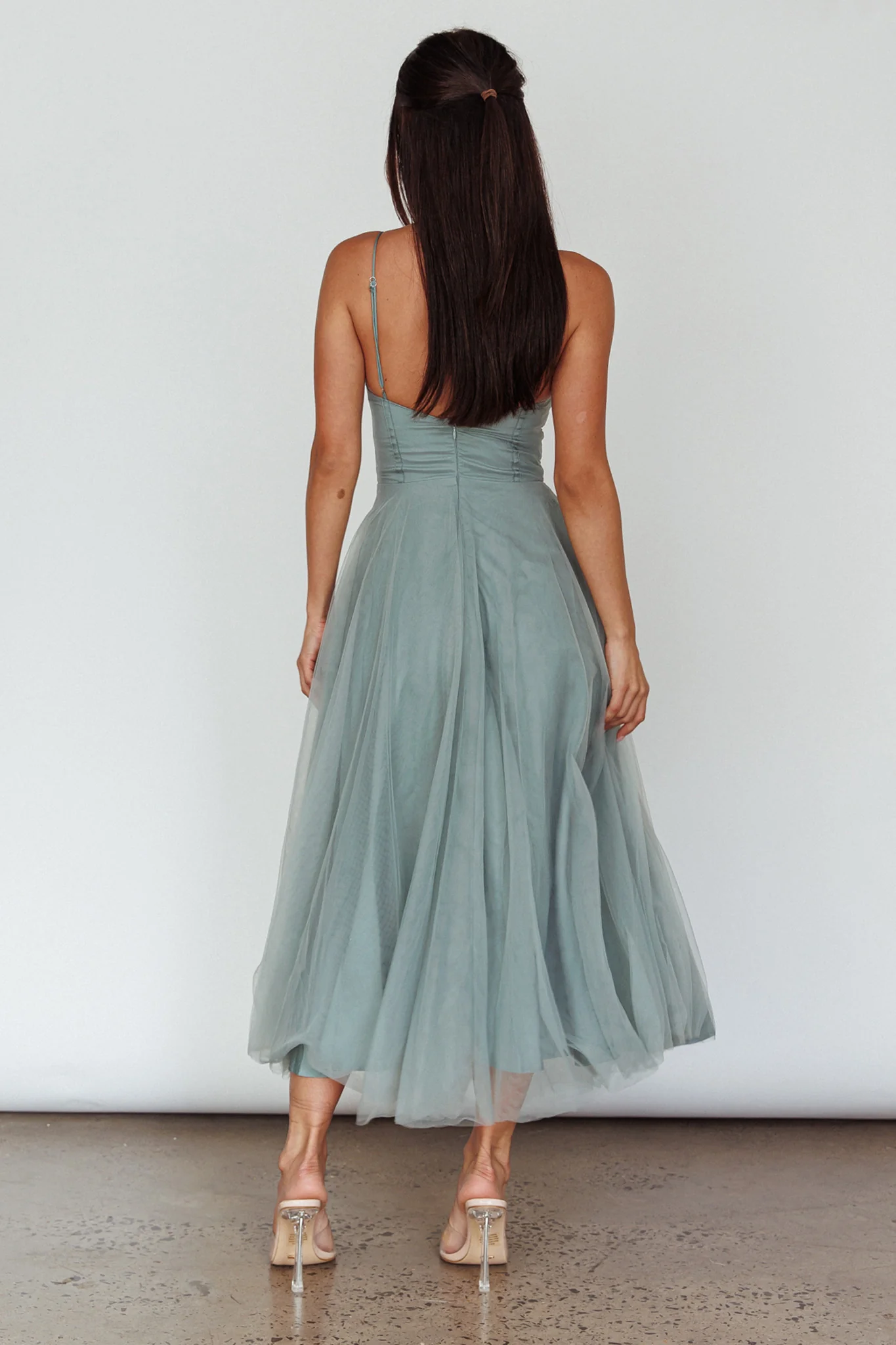 Smitten Lace Insert Tulle Midi Dress Sage - Sonourner