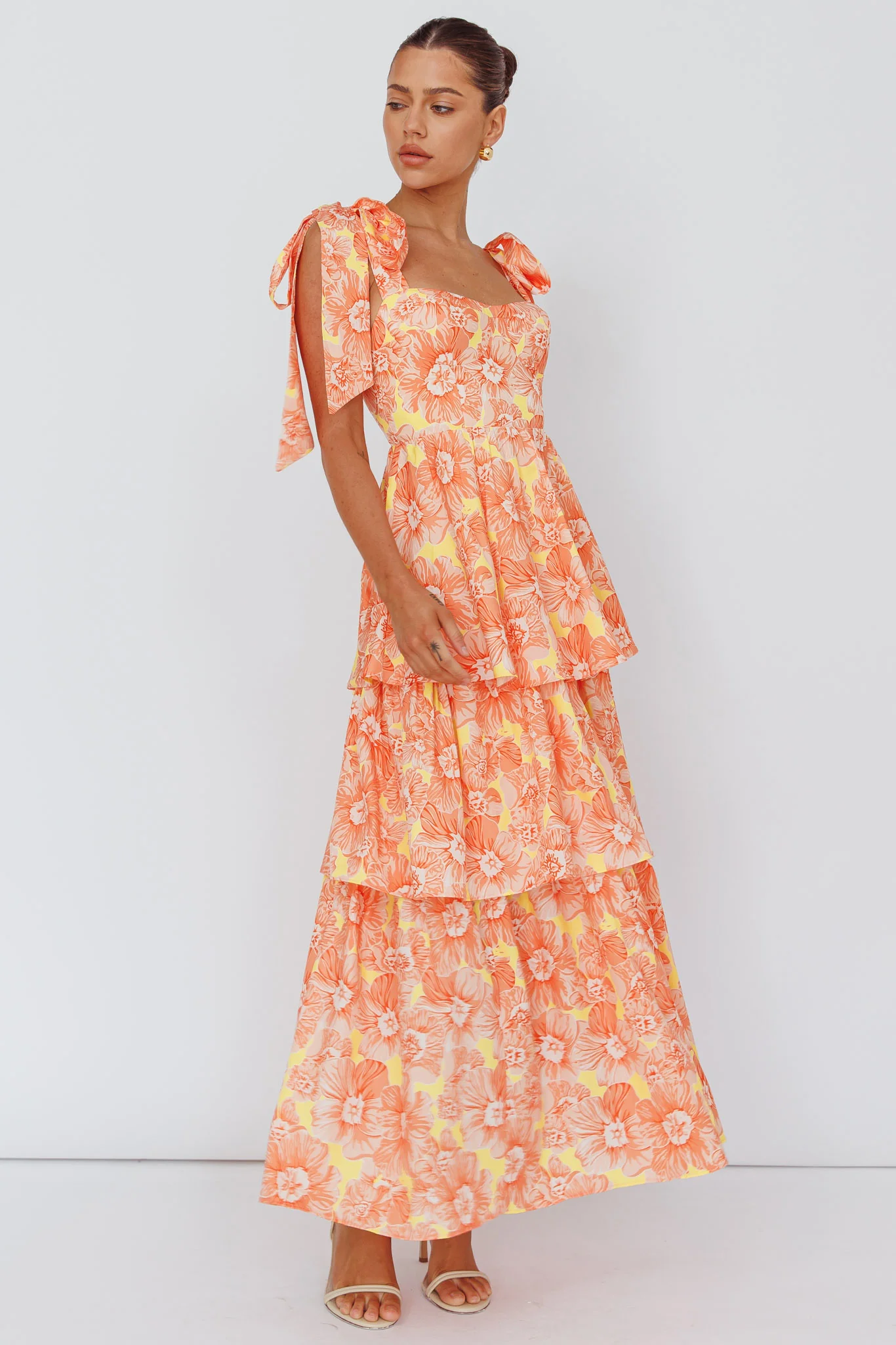 Arlowe Tied Shoulder Tiered Midi Dress Floral Orange - Sonourner