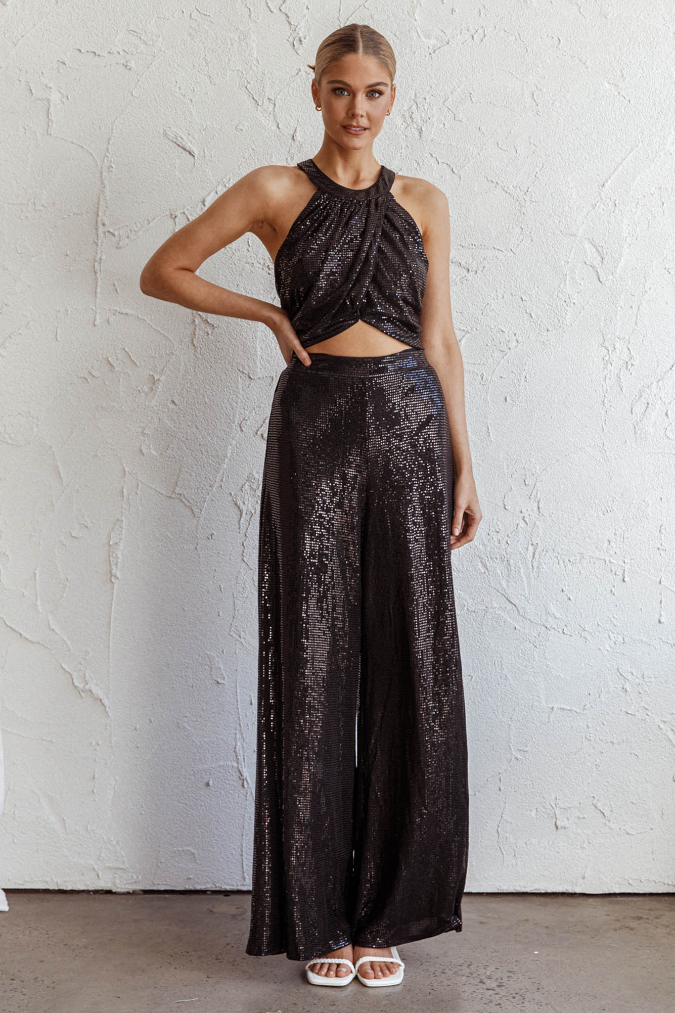 Anything Goes Wide Leg Metallic Pants Black - Sonourner