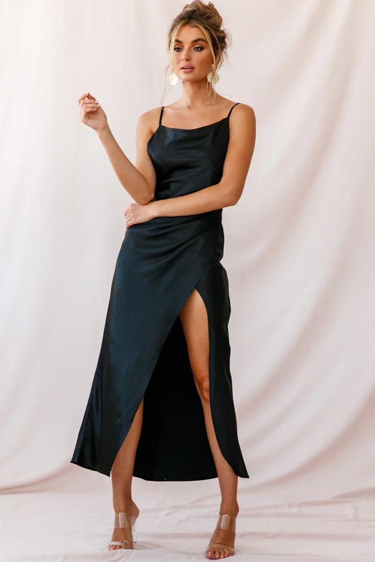 Hey Girl Long Satin Cowl Neck Dress Black - Sonourner