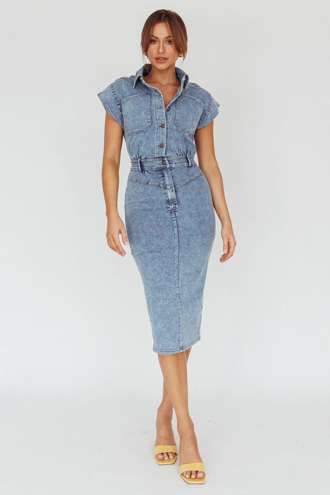 New Day Short Sleeve Button-Up Midi Dress Denim - Sonourner