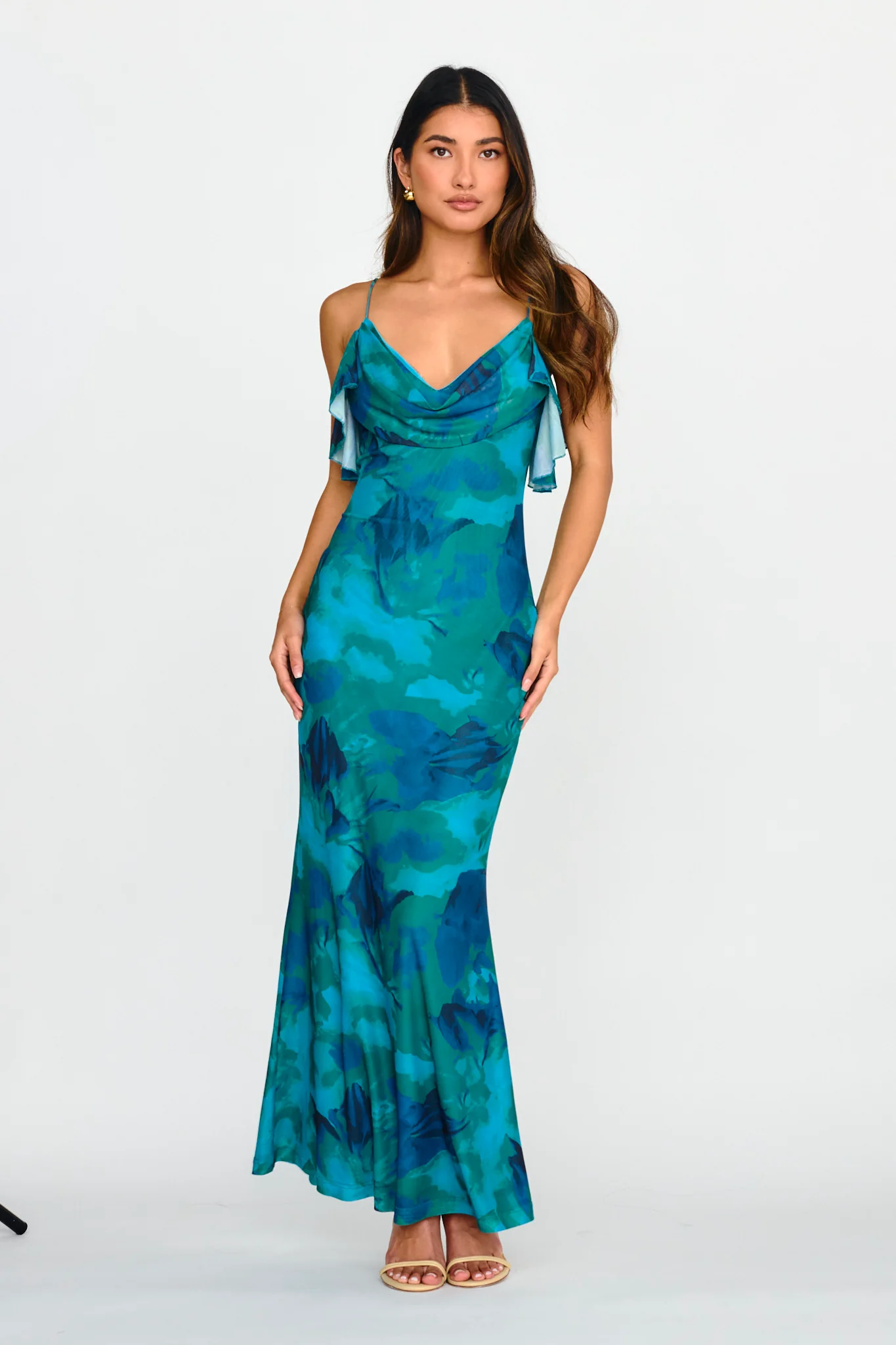 Jannie Draped Neckline Cami Dress Abstract Green - Sonourner