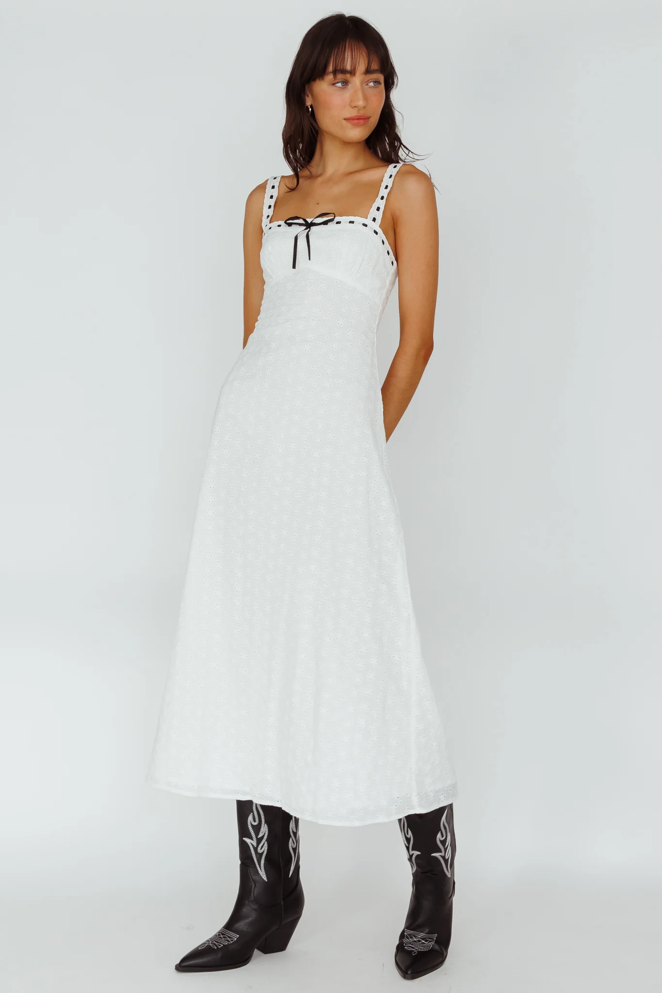 Sunbeam Eyelet Embroidery Bow Midi Dress White - Sonourner