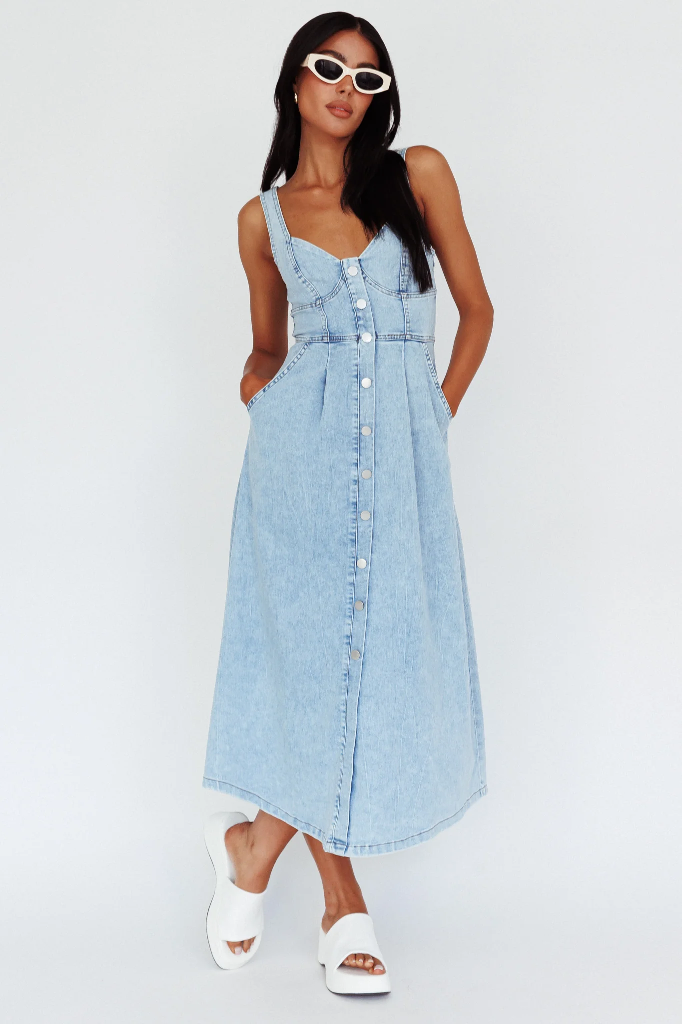Pixie Dust Button Front Midi Dress Denim Blue - Sonourner