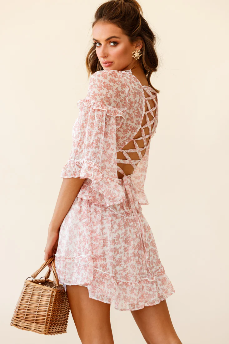 Albany Lace Up Back Frill Dress Tiny Floral Print Pink - Sonourner