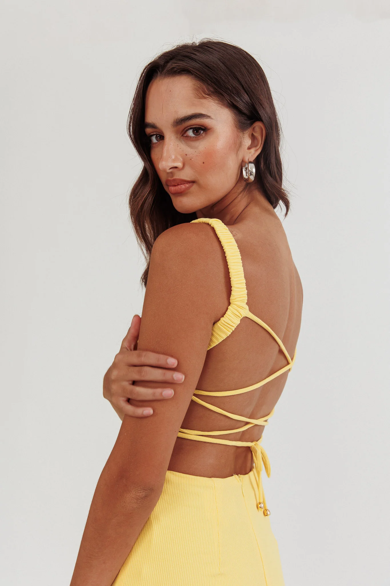 Dream Crush Lace-Up Back Side Split Midi Dress Lemon - Sonourner