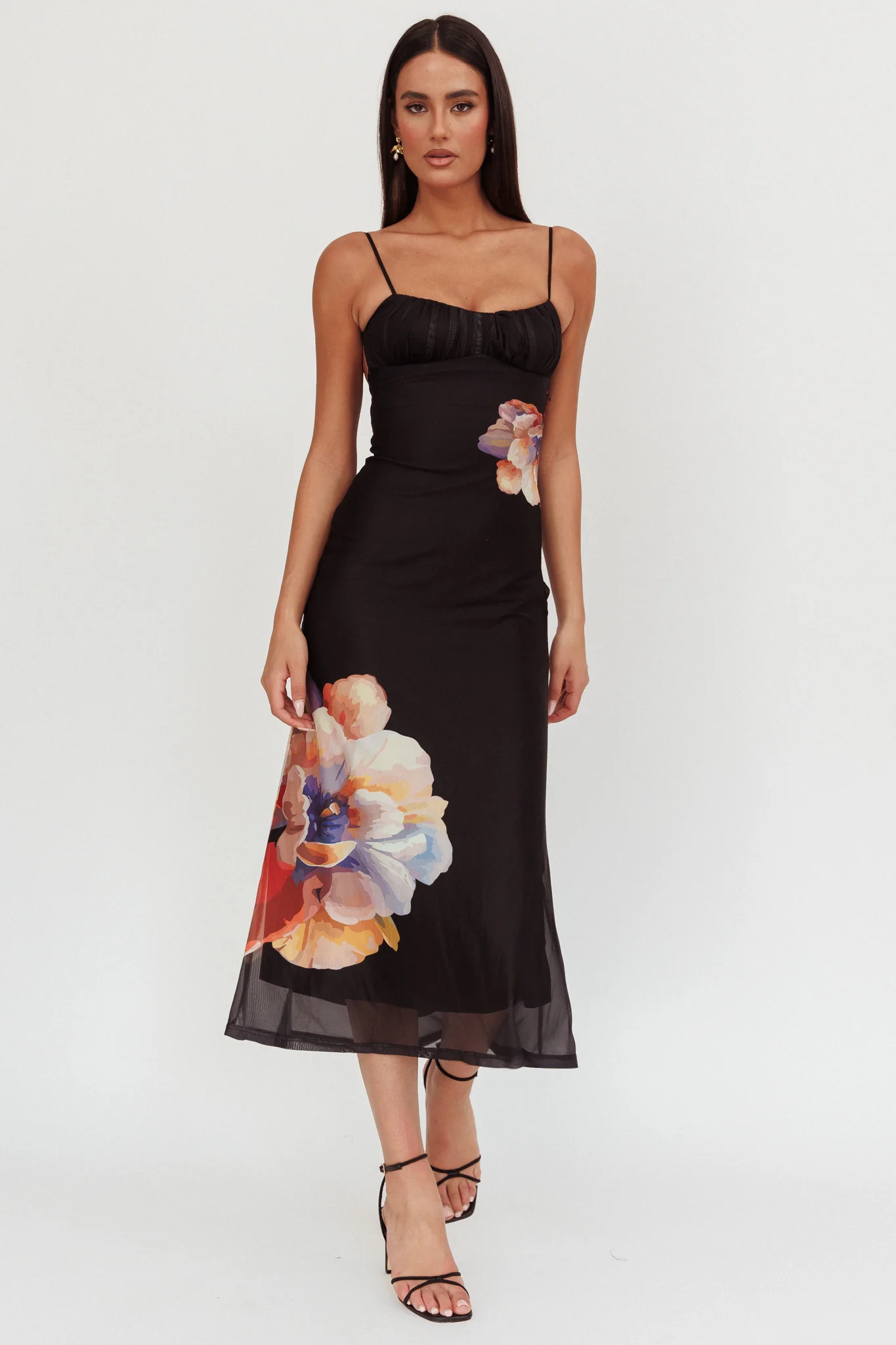 Nerida Gathered Bust Maxi Dress Flowers Black - Sonourner