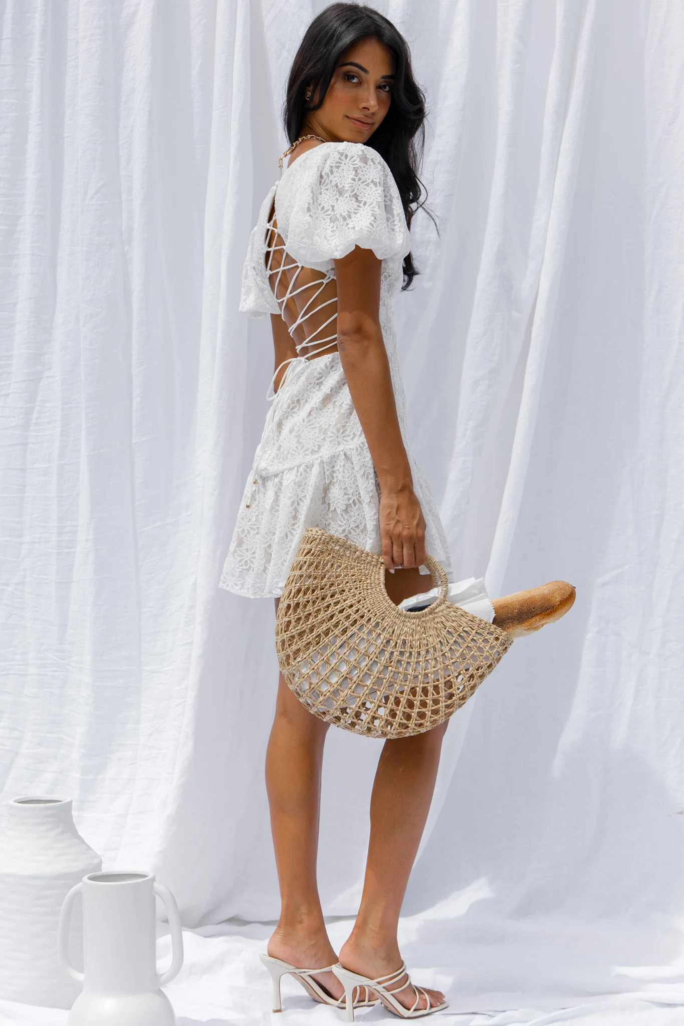 Petite Cherie Puff Sleeve Lace-Up Back Dress Lace White - Sonourner