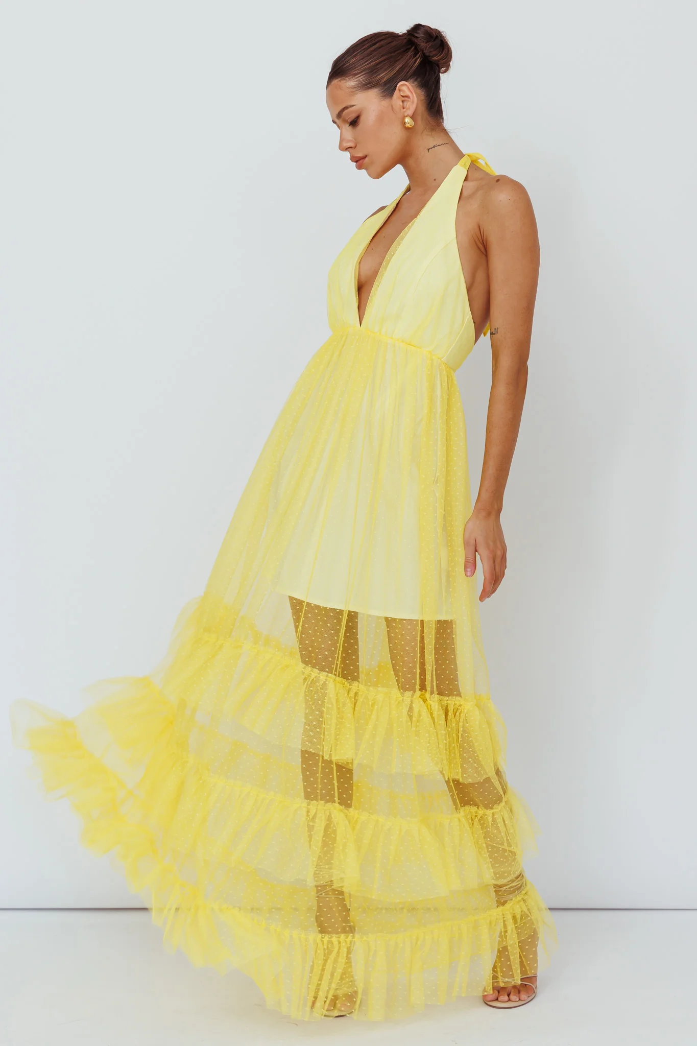 Moonlight Sonata Ruffle Mesh Maxi Dress Hail Spot Lemon - Sonourner