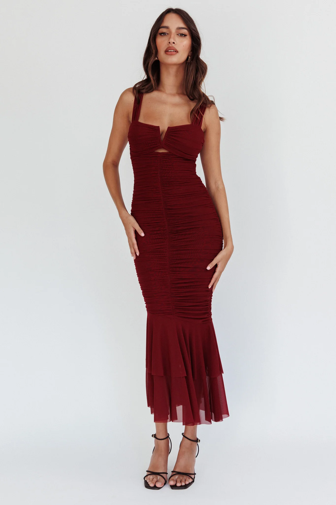 Nadia Ruched Fishtail Maxi Dress Dark Mauve - Sonourner