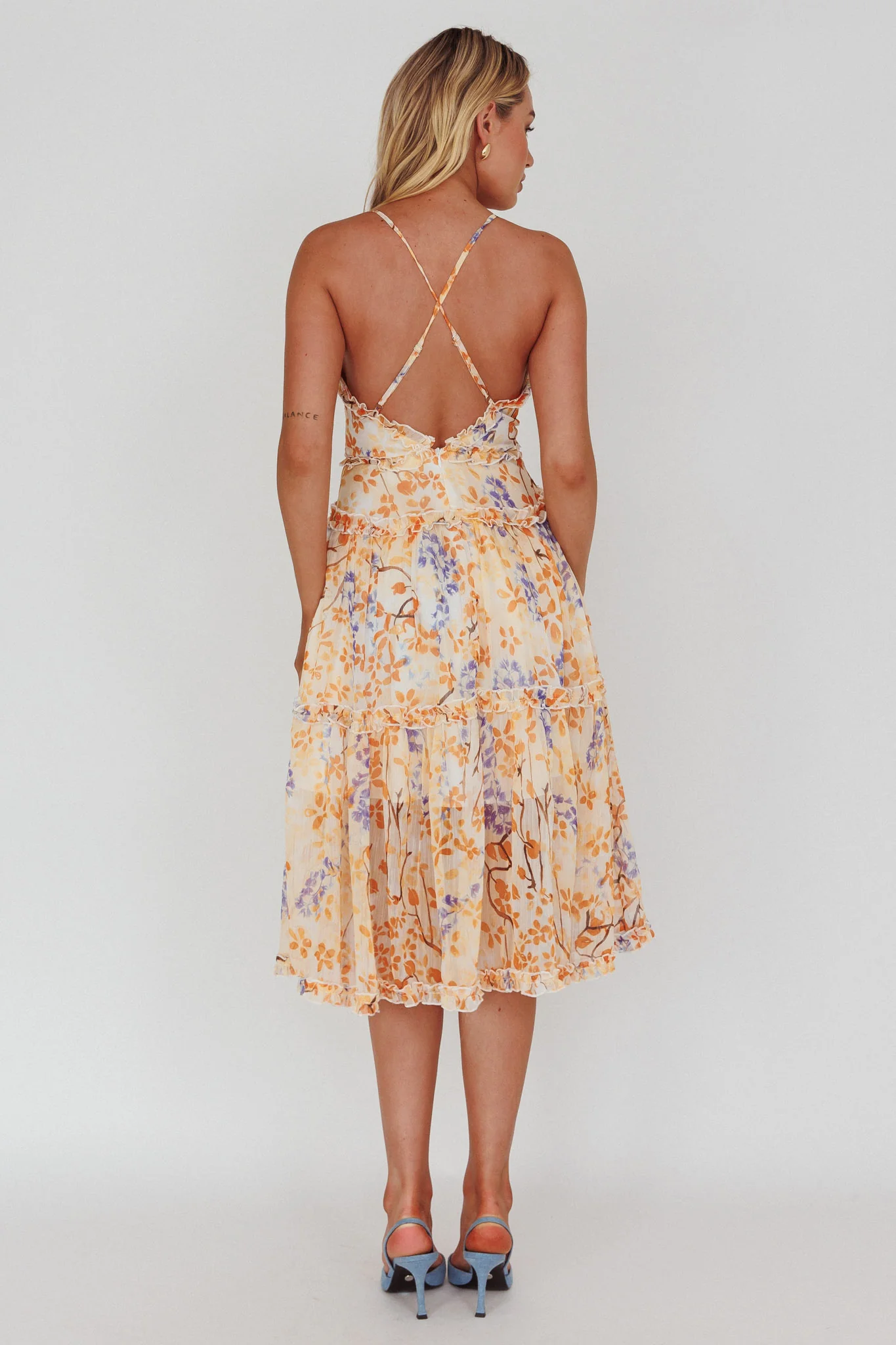 Laney Low Back Cami Strap Midi Dress Floral Orange - Sonourner