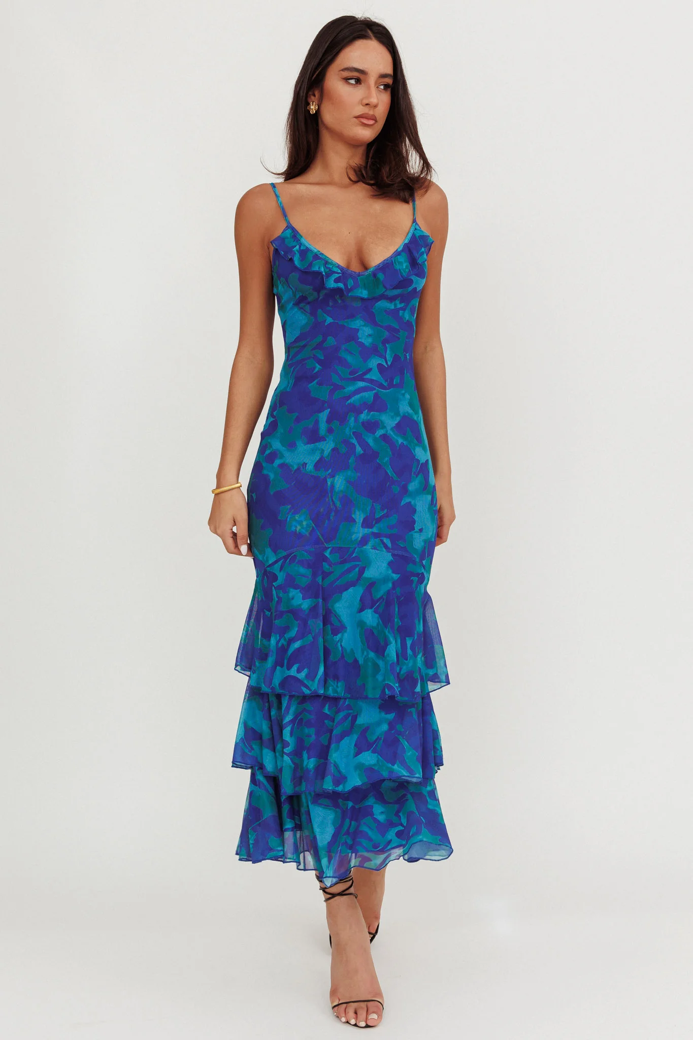 Oskar Tiered Ruffle Hem Mermaid Maxi Dress Abstract Blue - Sonourner
