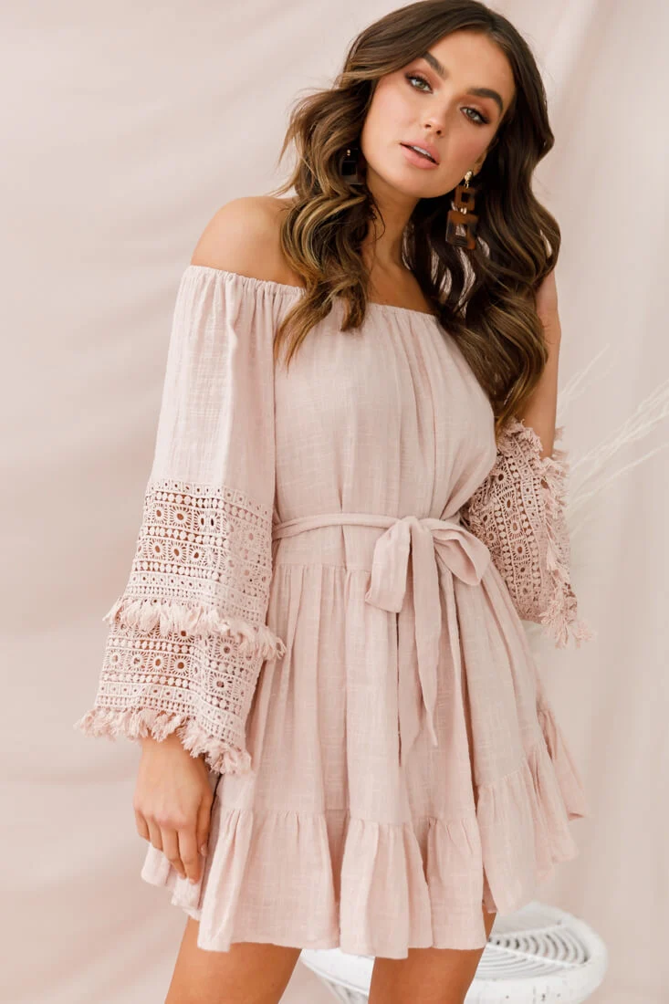 Mona Off-Shoulder Embellished Sleeve Dress Mocha - Sonourner