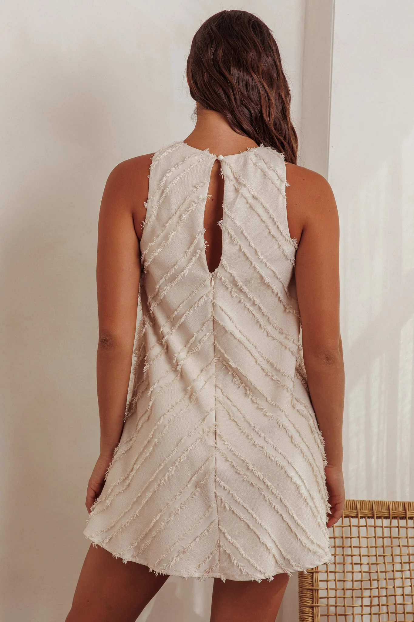 Caro Fringe Trim Shift Mini Dress Cream - Sonourner