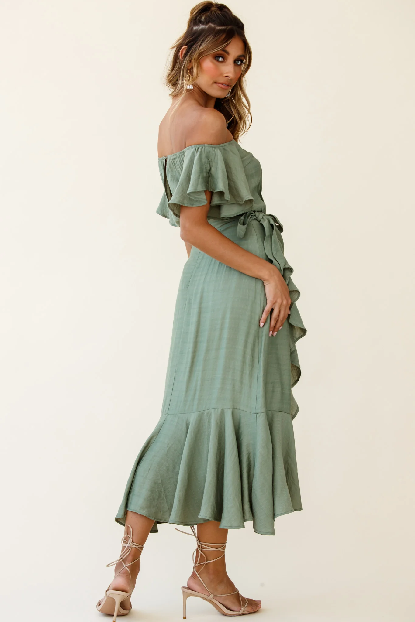 Bettina Bardot Neckline Faux-Wrap Midi Dress Olive - Sonourner