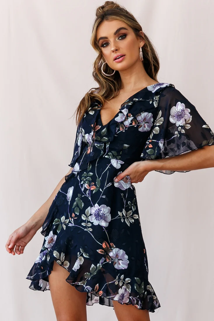 June Angel Sleeve Ruffle Detail Dress Navy - Sonourner