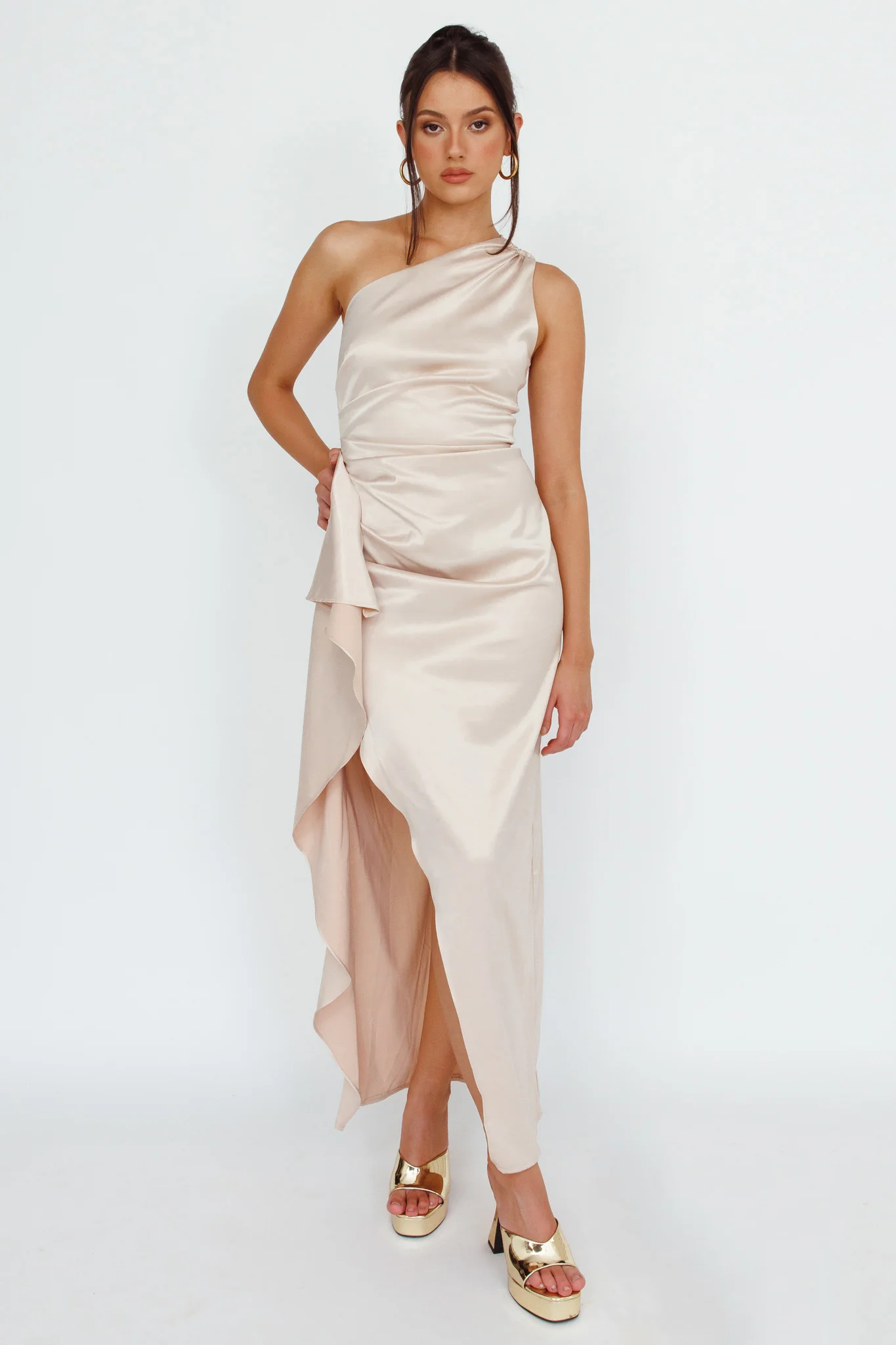 Kamillia One-Shoulder Split Midi Dress Champagne - Sonourner