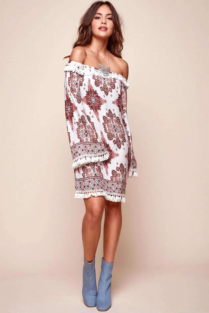 Sujata Bohemian Fringe Tunic Dress White - Sonourner