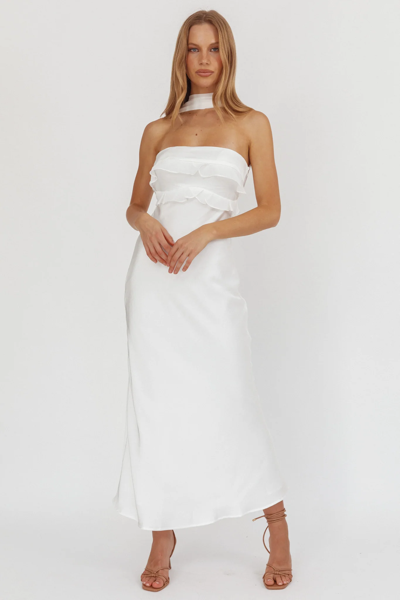 Damsel Reverse Halter Frill Trim Maxi Dress White - Sonourner