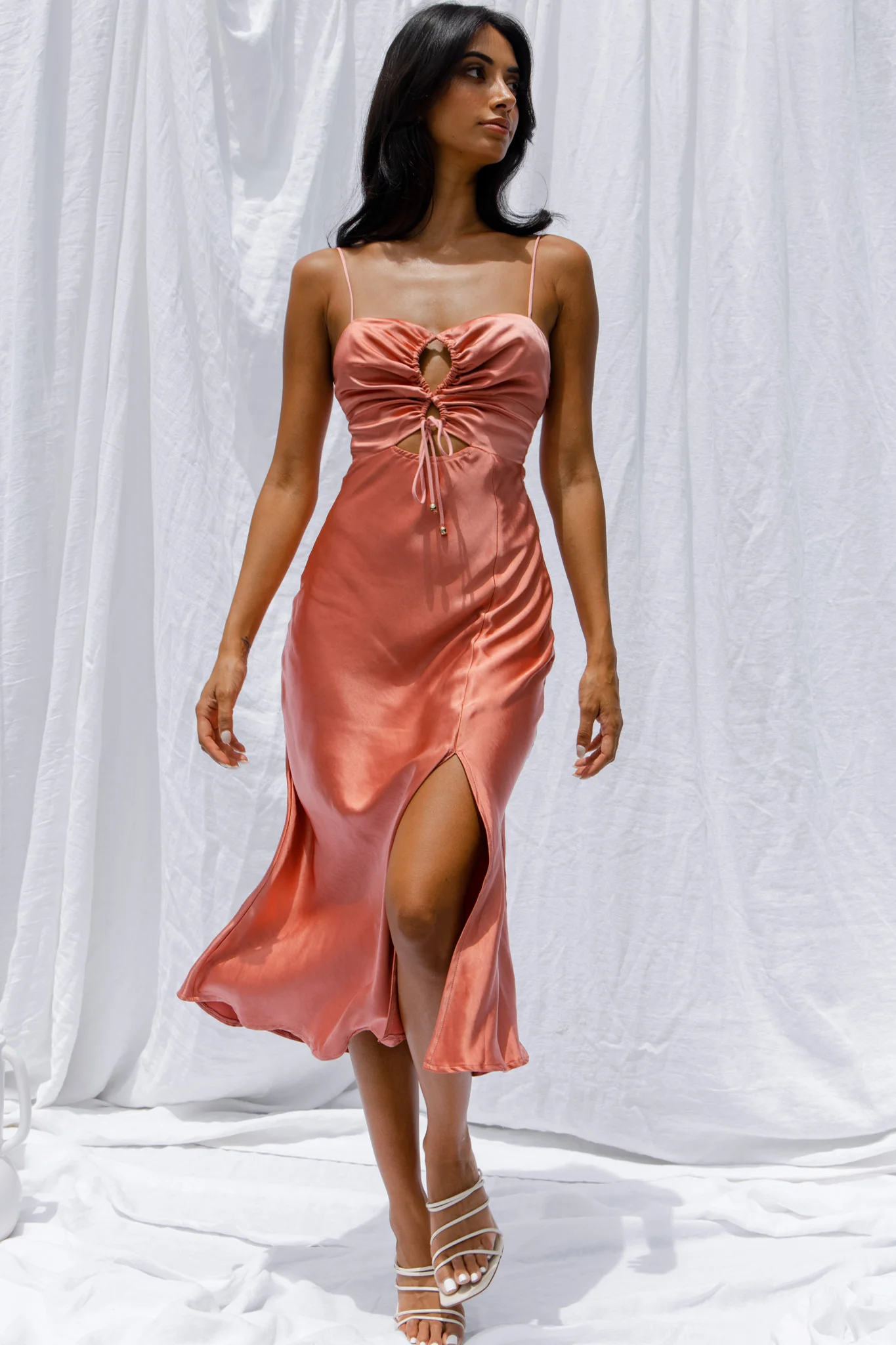 Date Night Drawstring Bust Midi Dress Rose - Sonourner