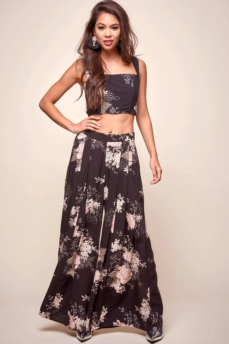 Cicely Floral Wide Leg Pants Black - Sonourner