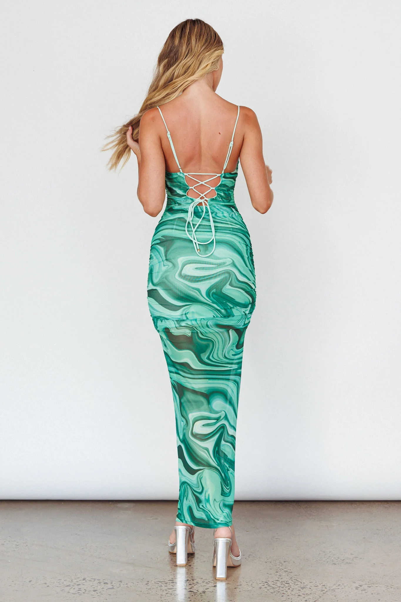 Love In Miami Lace-Up Back Maxi Dress Marble Green - Sonourner