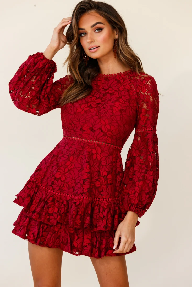 Henrietta Lace Overlay Long Sleeve Ruffle Dress Wine - Sonourner