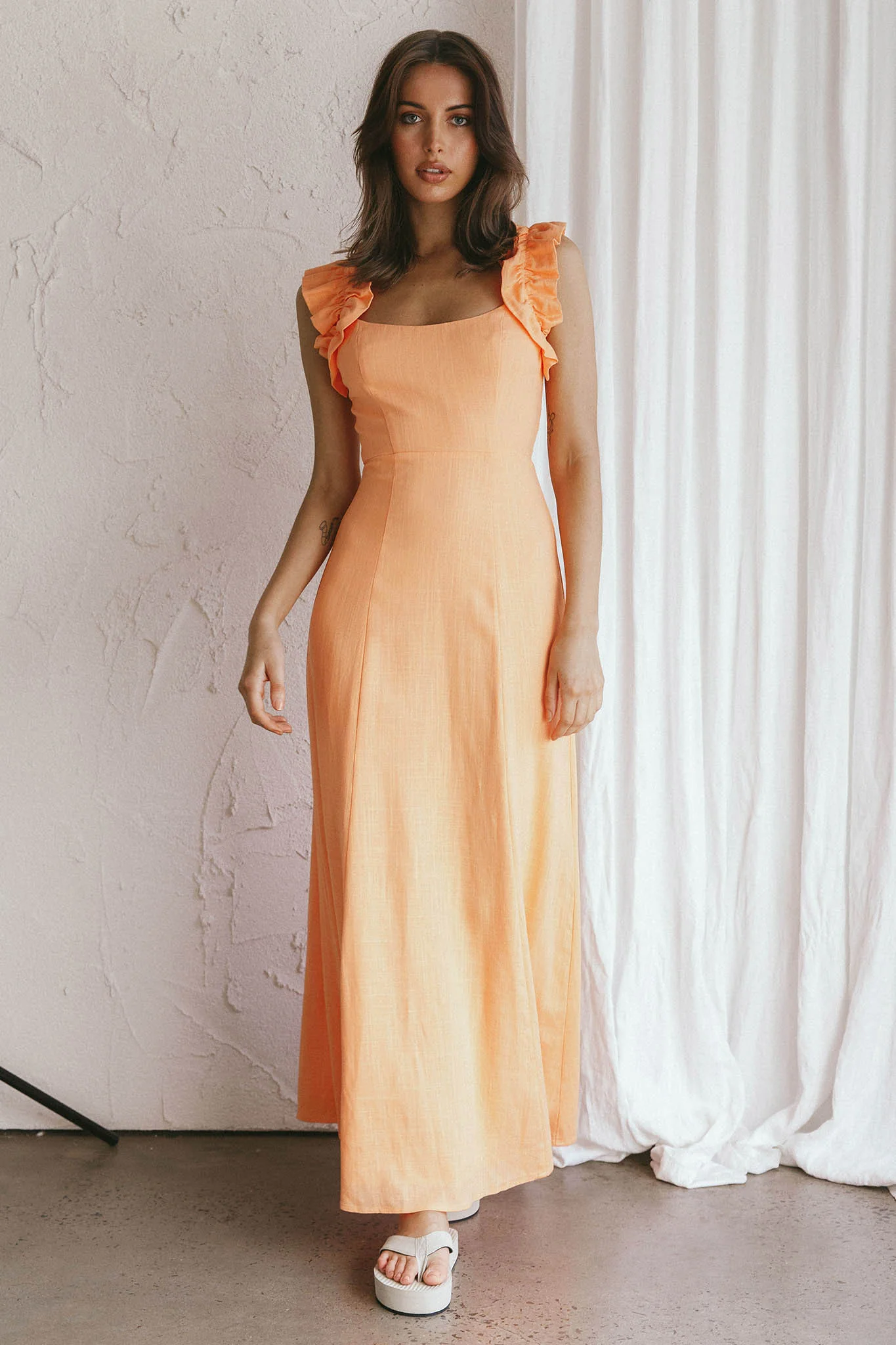 Bronte Ruffle Strap Midi Dress Papaya - Sonourner