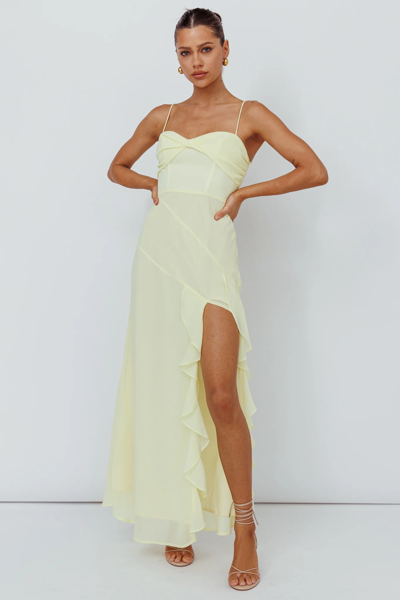 Jayna Ruffle Trim Split Dress Yellow - Sonourner