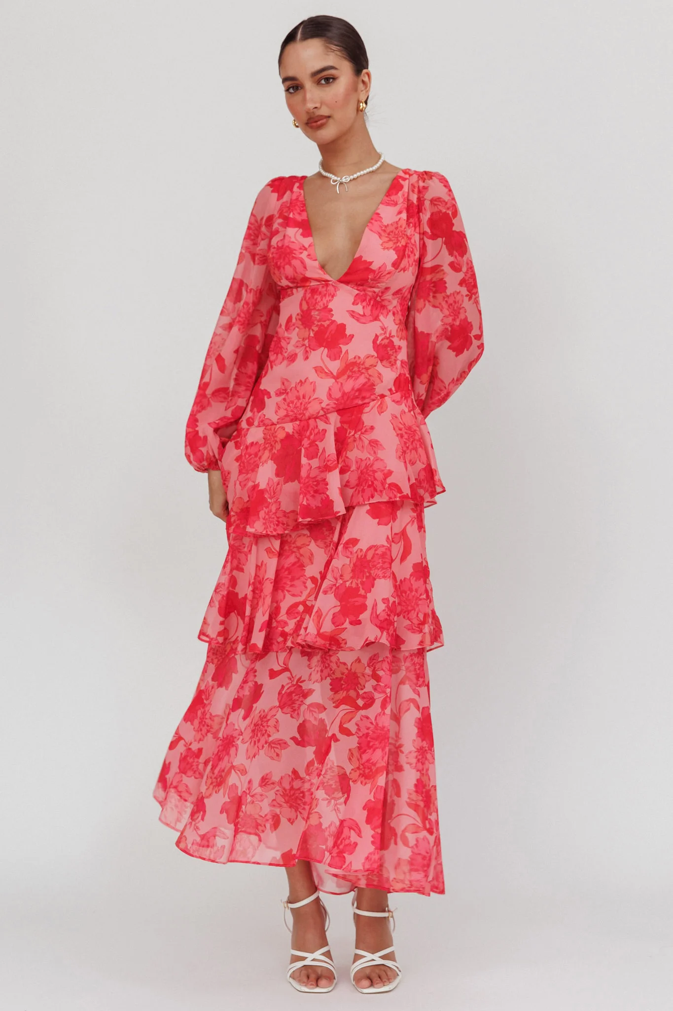 Veda Long Sleeve Floral Tiered Ruffle Maxi Dress Pink - Sonourner