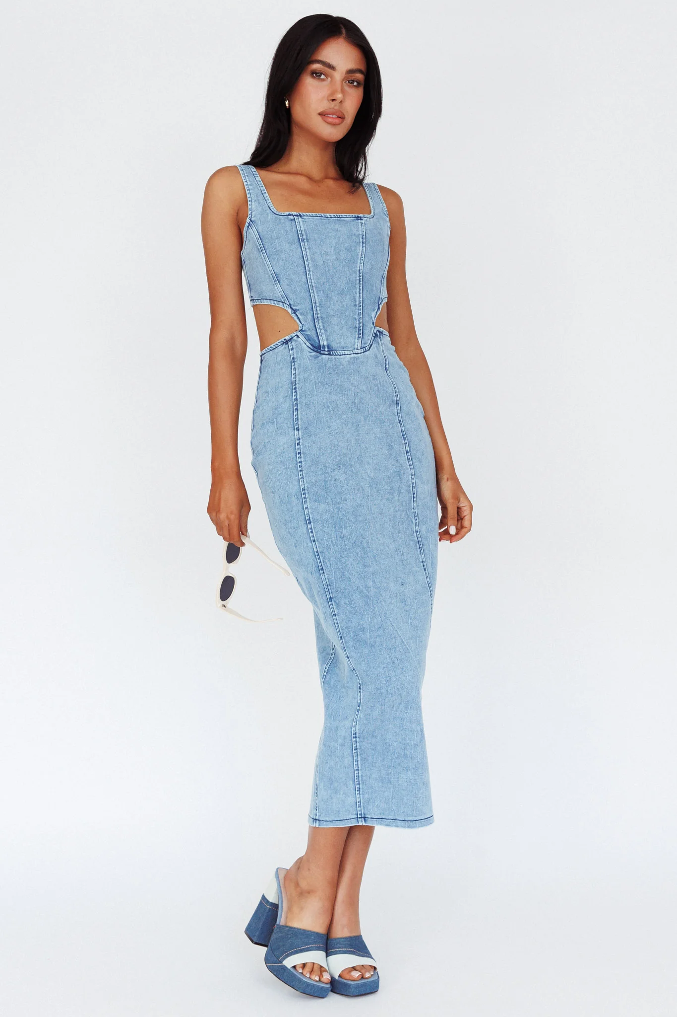 Kainani Cut-Out Waist Midi Dress Denim Blue - Sonourner