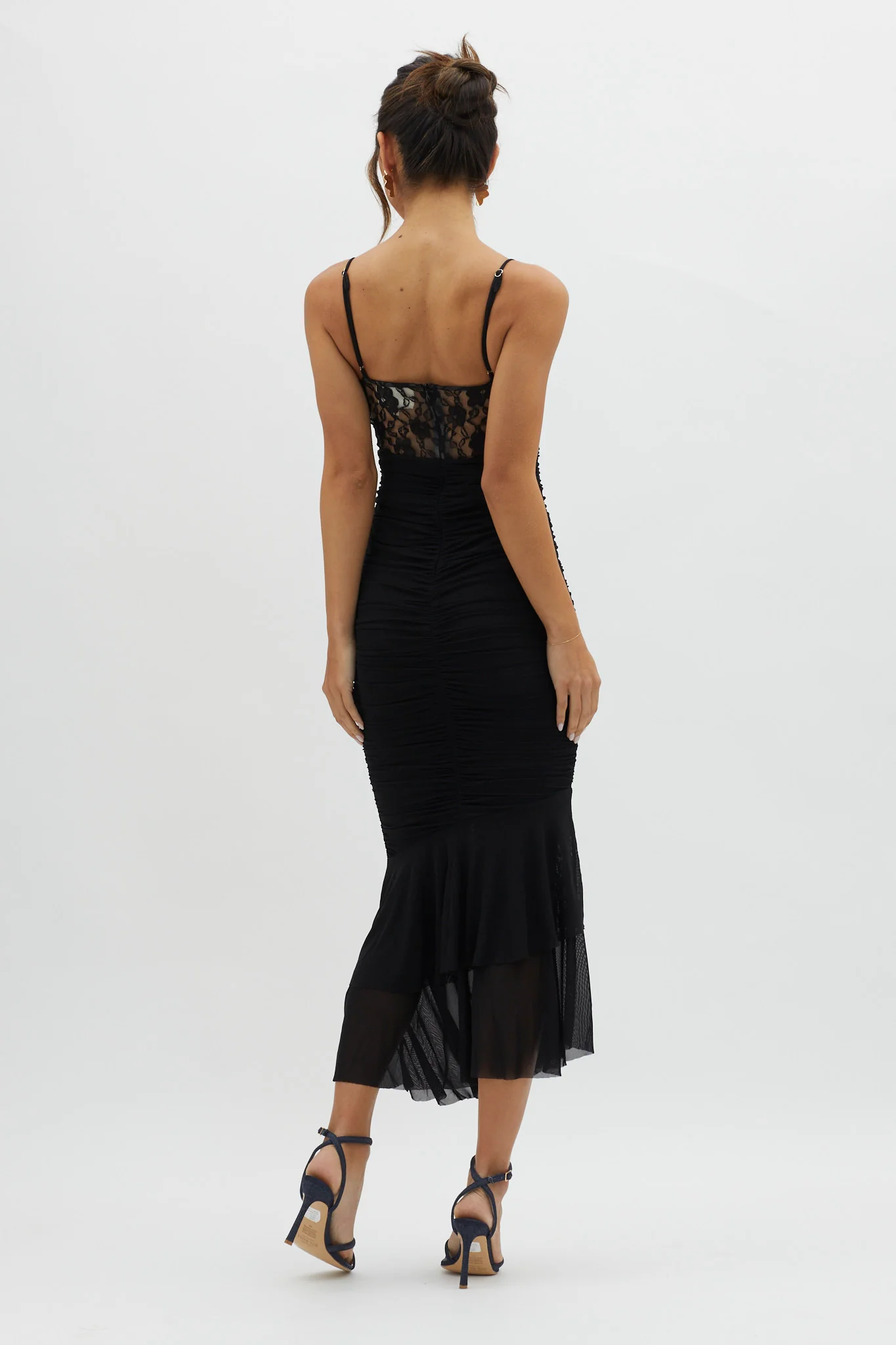 Cherubim Lace Insert Ruched Midi Dress Black - Sonourner