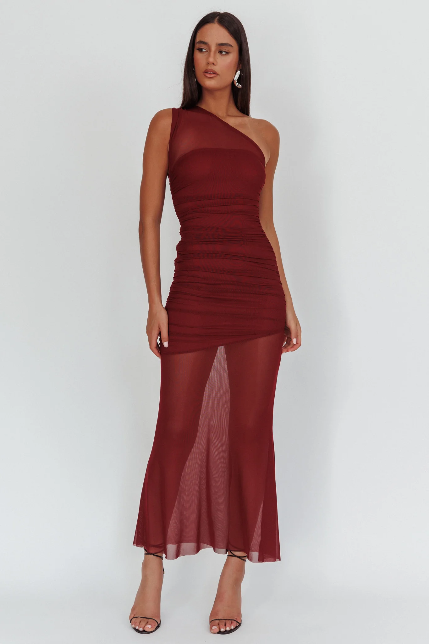 Verity One-Shoulder Sheer Maxi Dress Wine - Sonourner