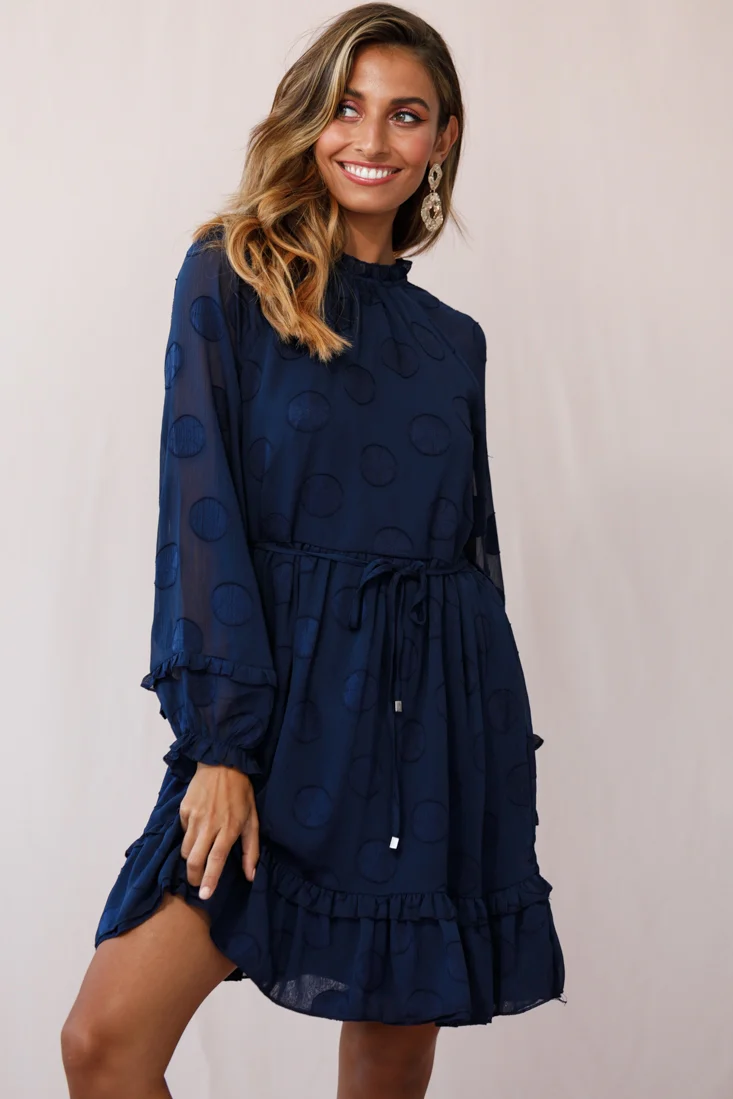 Tracee High Neckline Sheer Sleeve Polka Dot Dress Navy - Sonourner