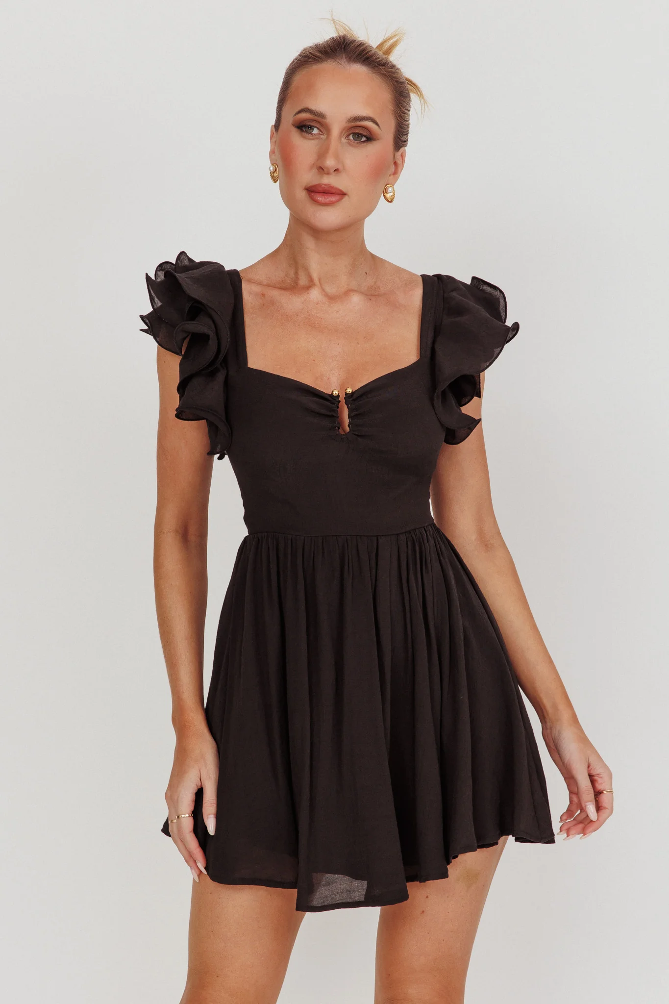Sunday Dreams Ruffle Strap Mini Dress Black - Sonourner