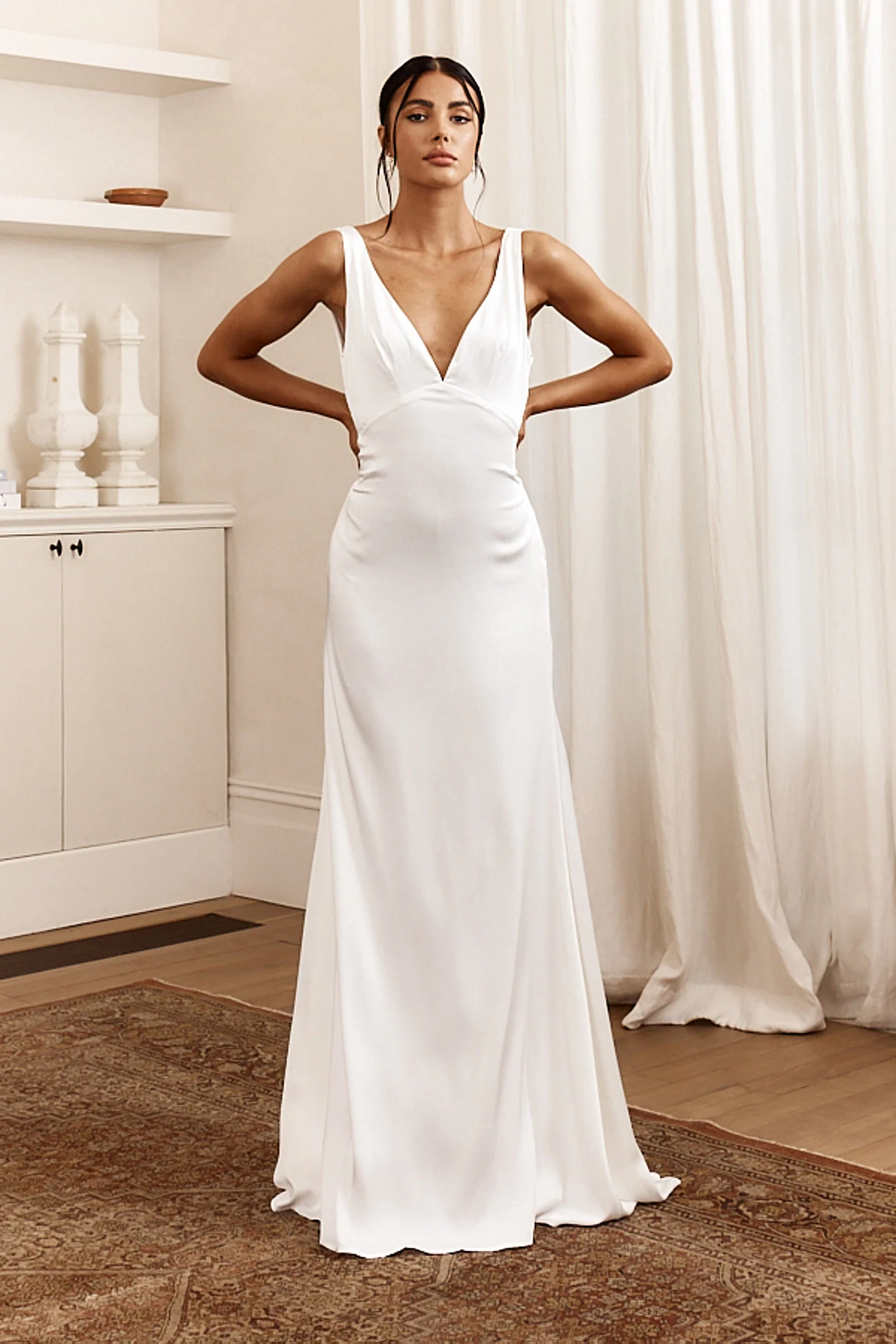 See The Sun V-Neckline Satin Maxi Dress White - Sonourner