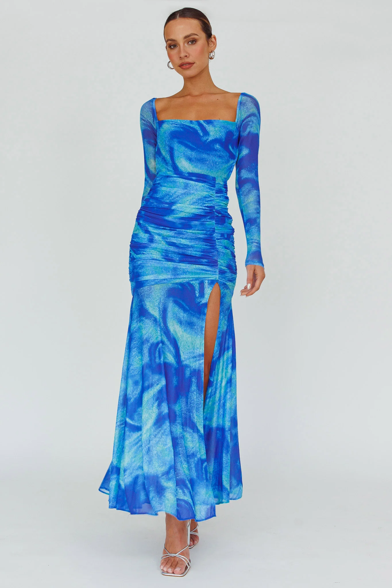 Apryl Long Sleeve Lace-Up Back Maxi Dress Blue - Sonourner