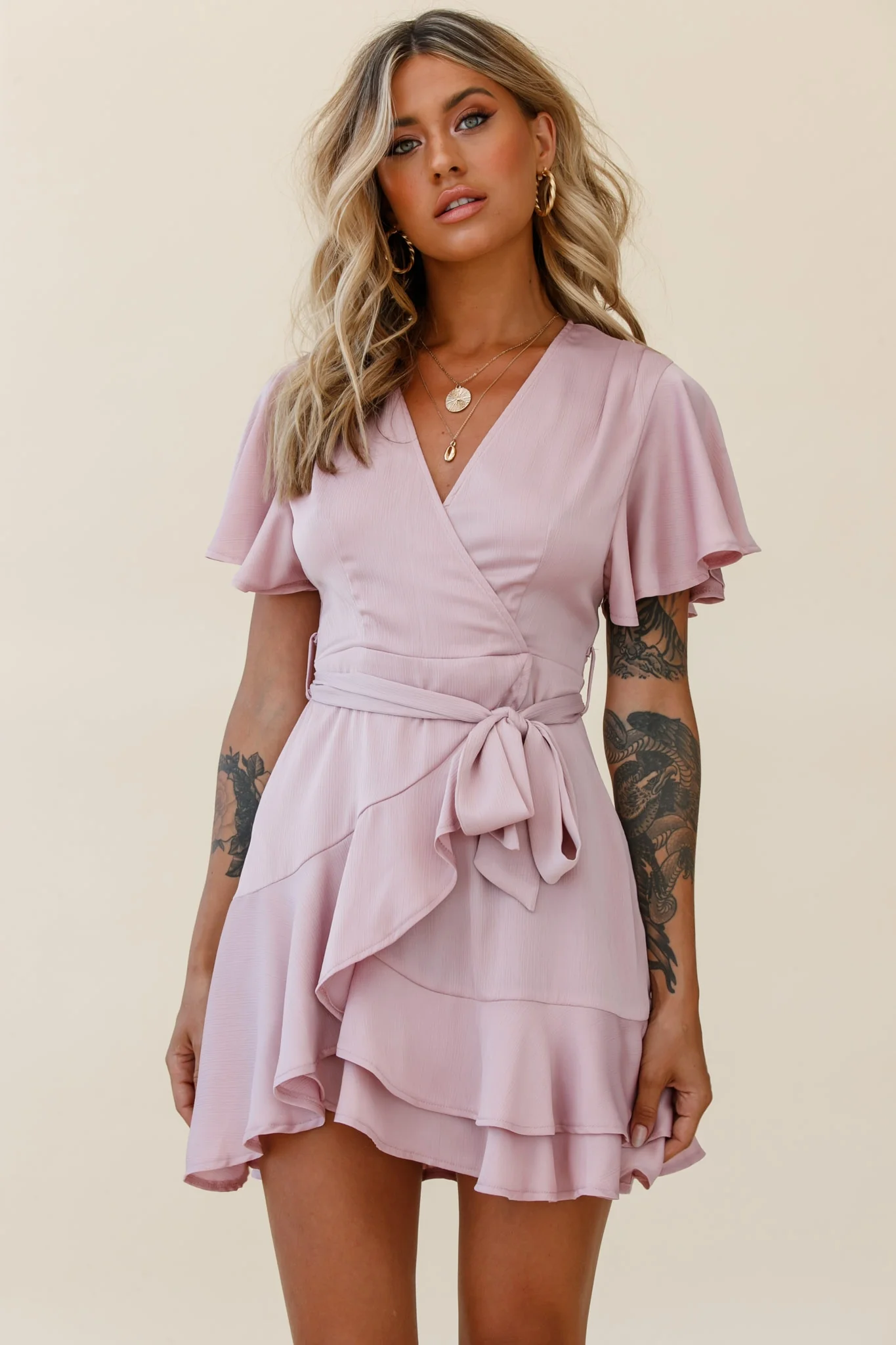 Cami Angel Sleeve Faux Wrap Dress Blush - Sonourner