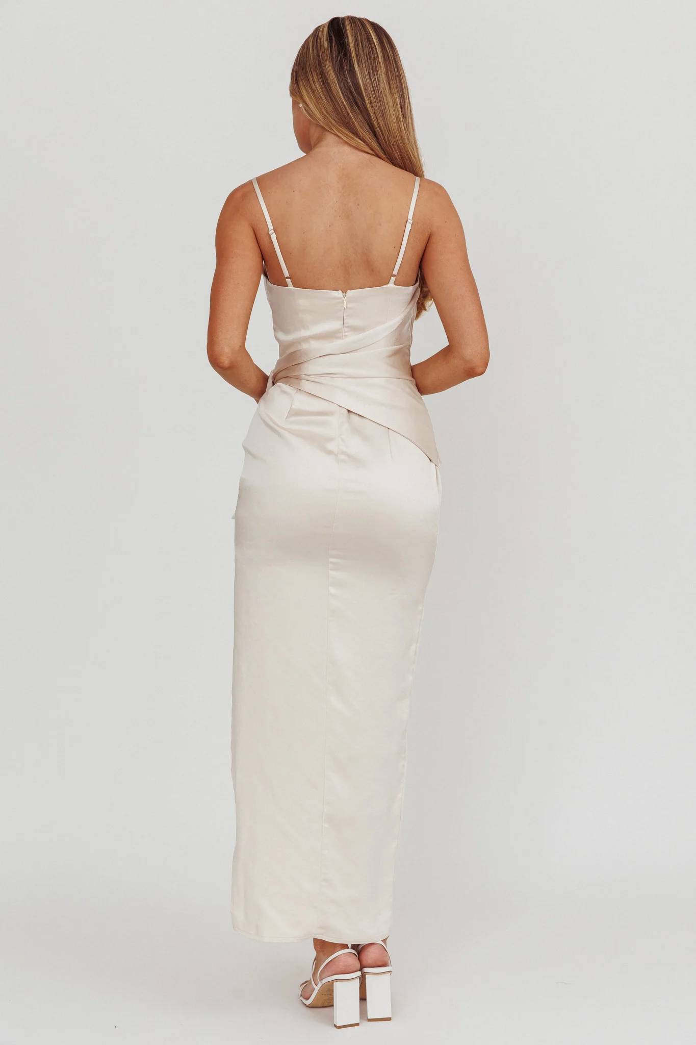 Celestine Waist Tie Satin Maxi Dress Light Champagne - Sonourner