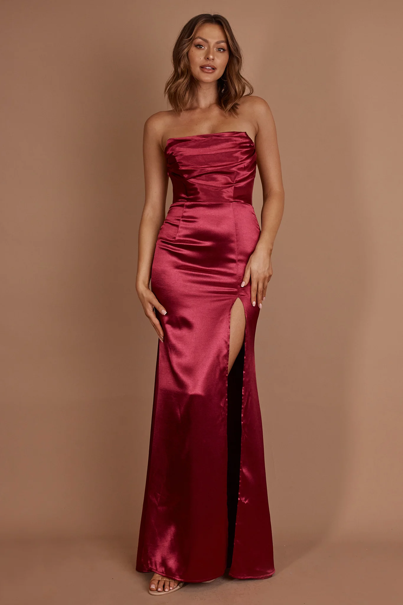 Kalisa Strapless Thigh Split Maxi Dress Burgundy - Sonourner