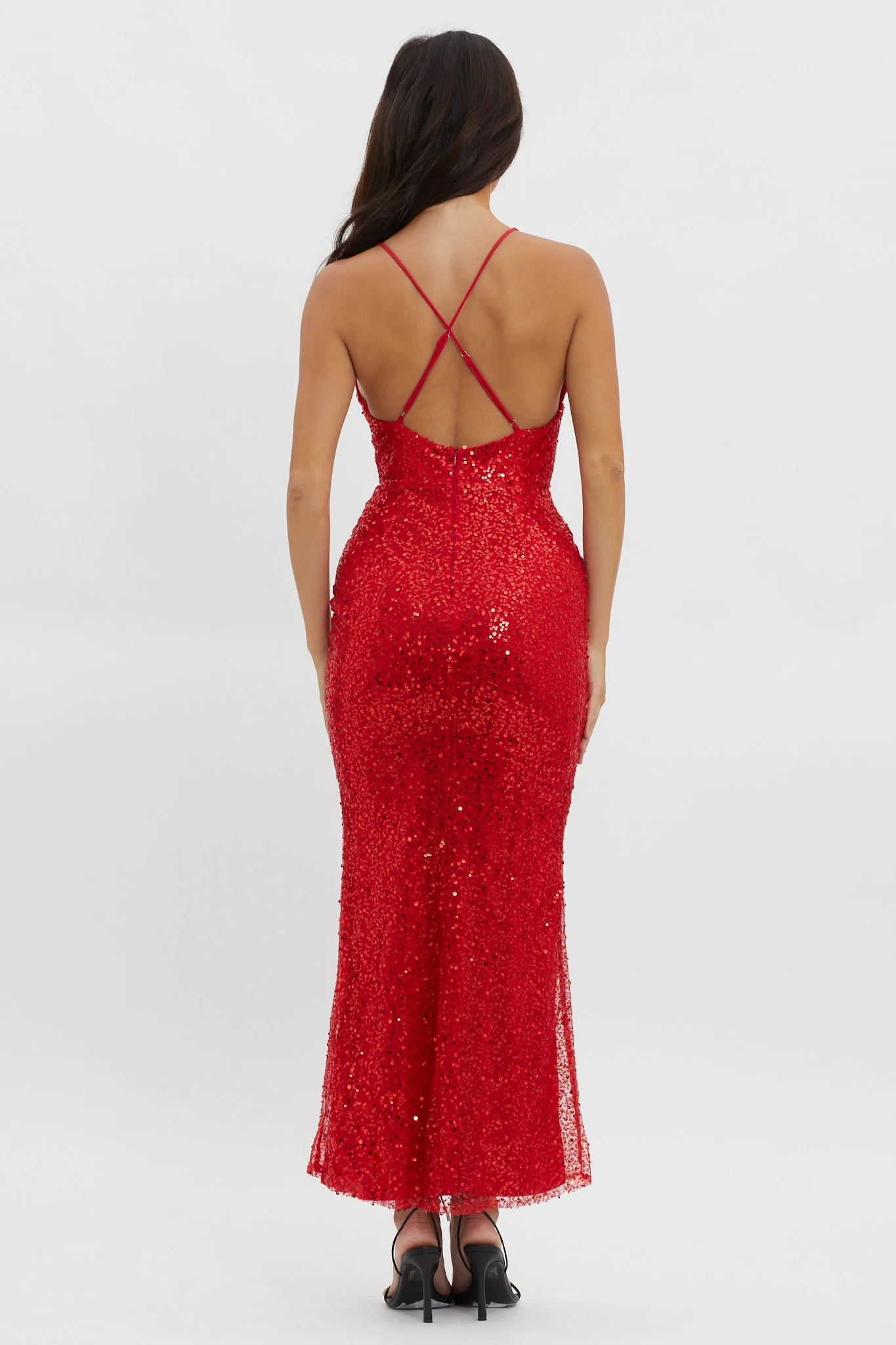 Glitter Nights Plunging Neckline Sequin Dress Red - Sonourner