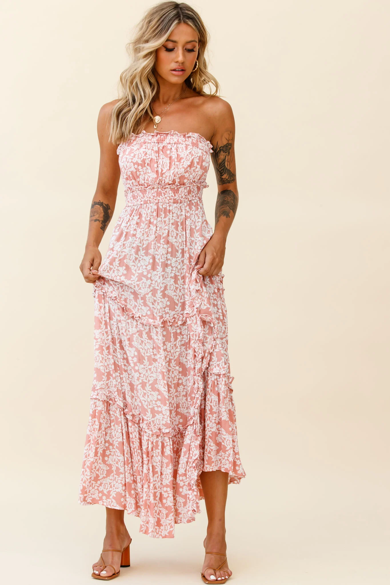 Take Me Away Strapless Maxi Dress Floral Print Blush - Sonourner