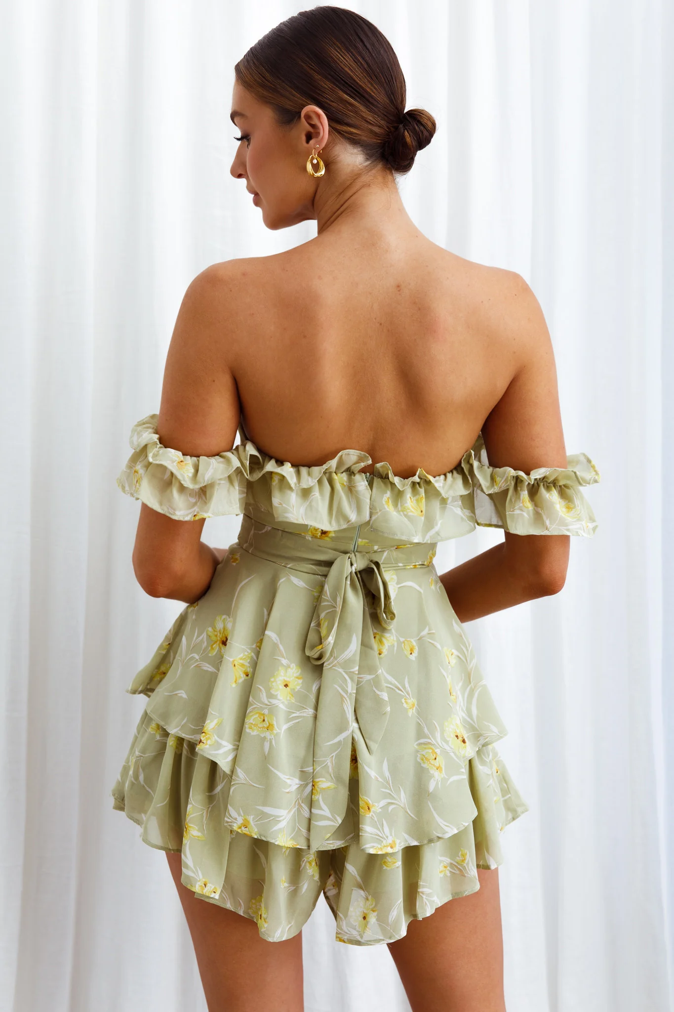 Verona Off-Shoulder Romper Floral Print Olive - Sonourner